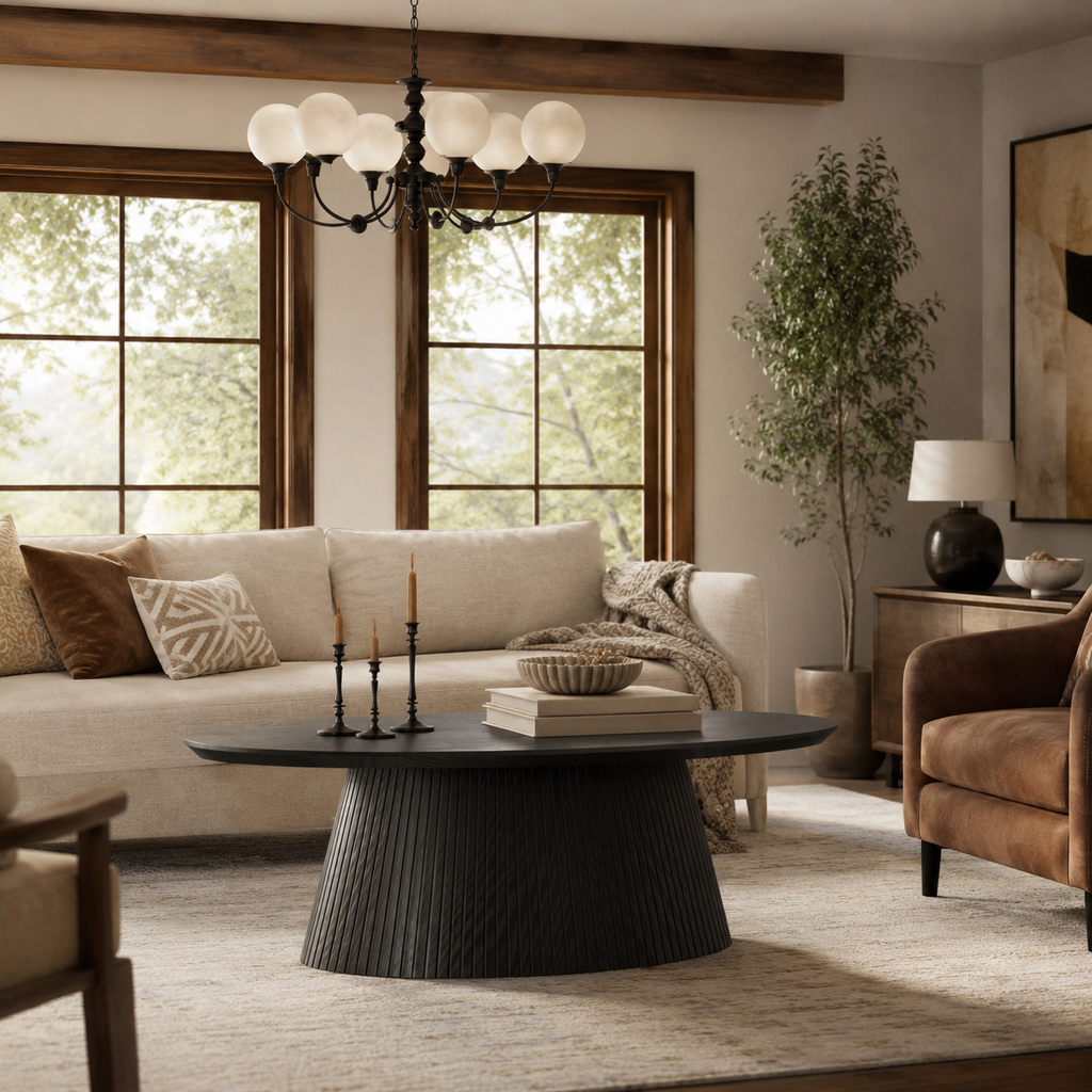 Wetalus 47.2" Mid Century Modern Oval Coffee Table with Faux Stone Veneer, Fluted Base,Black