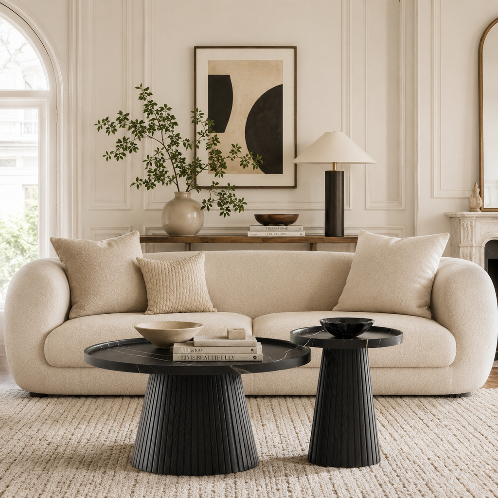 Wetalus Mid Century Modern Nesting Coffee Table Set of 2, Fluted Round,Black