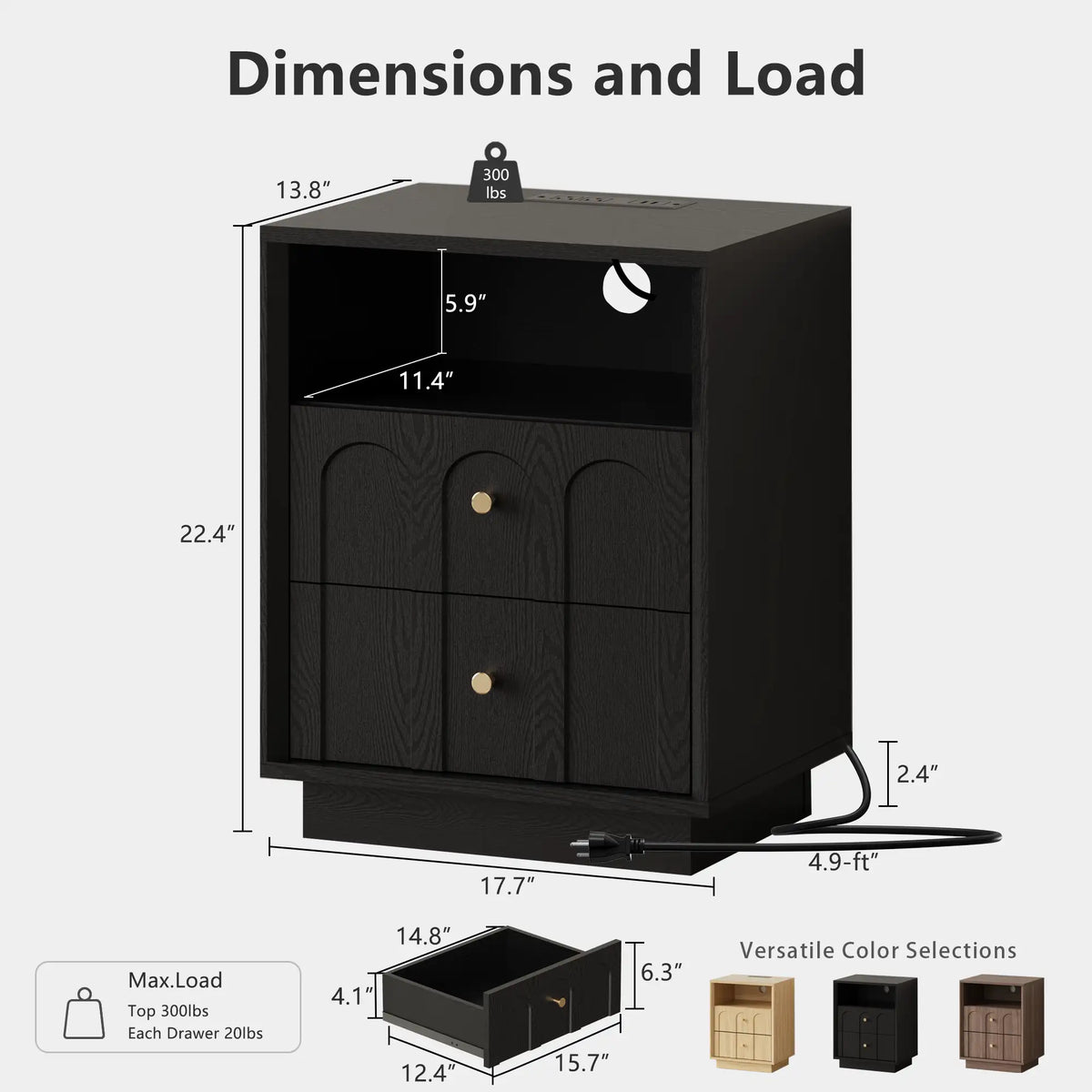 Wetalus Mid-Century Black Wood Arch Nightstand with Drawers