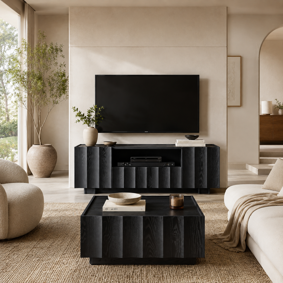 Wetalus 61" Mid Century Modern TV Stand, Adjustable Shelves, Wave Design, Black