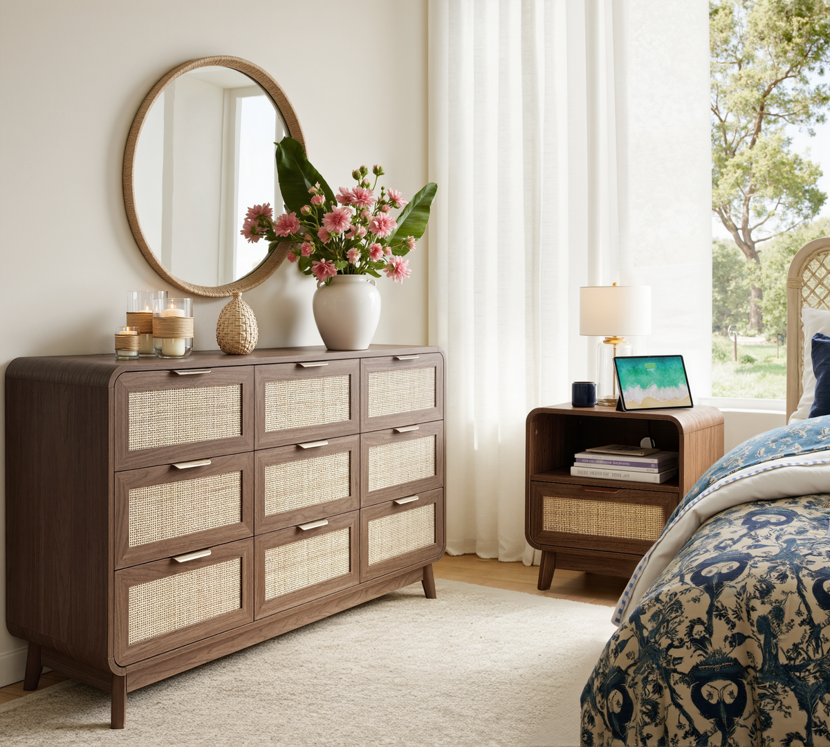 Walnut Rattan Bedroom Furniture Set, 3-Piece Boho Set with 9-Drawer Dresser and Charging Station Nightstands
