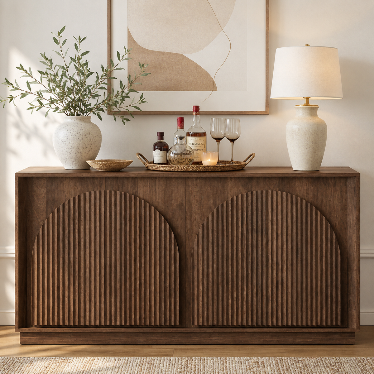 Wetalus 65.3" Mid-Century Modern Fluted Sideboard Buffet Cabinet with Storage,Walnut