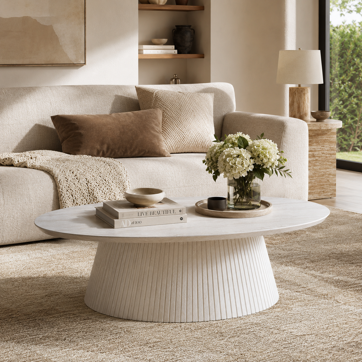 Wetalus 47.2" Mid Century Modern Oval Coffee Table with Faux Stone Veneer, Fluted Base,Stone