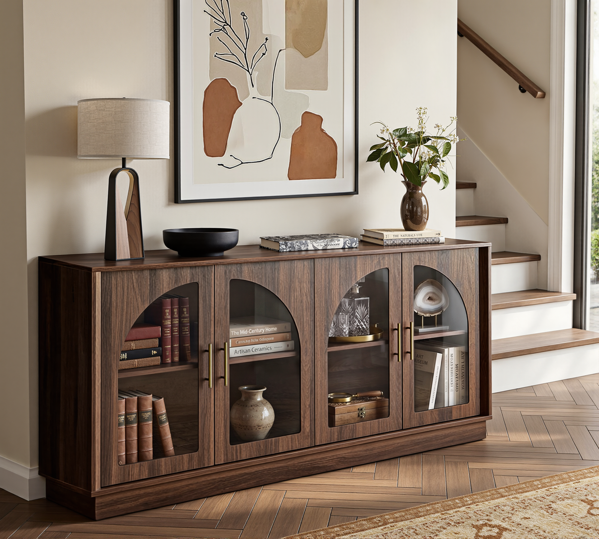 Wetalus 64.1" Sideboard Buffet Cabinet with Arched Glass Doors,1 Adjustable Divider, Walnut
