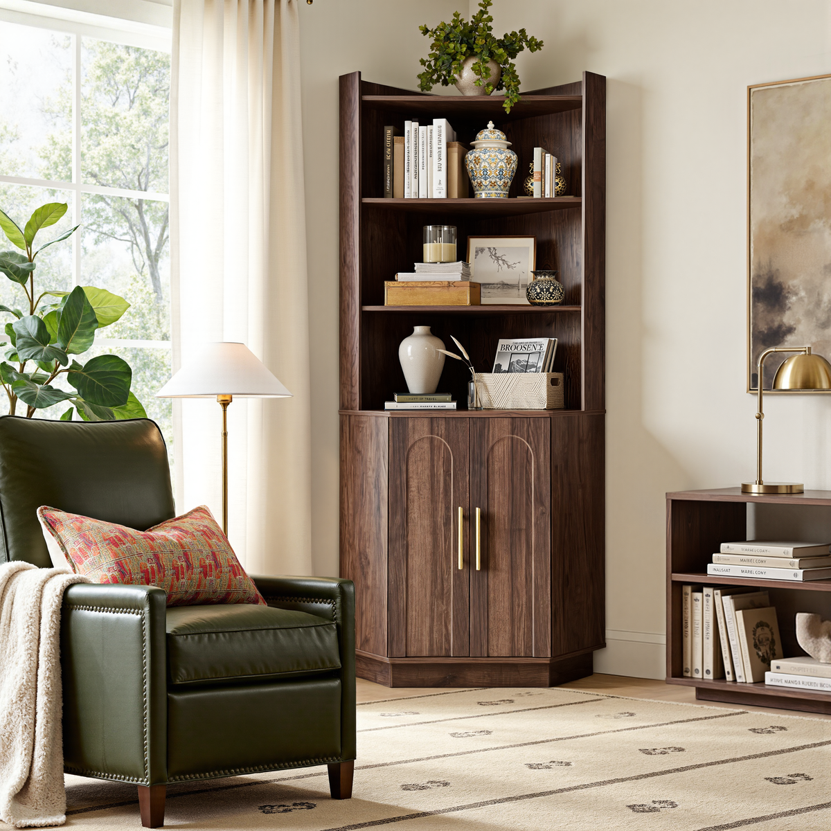 Wetalus 71" Corner Cabinet with Storage, Mid Century Modern, Arched Doors, Walnut