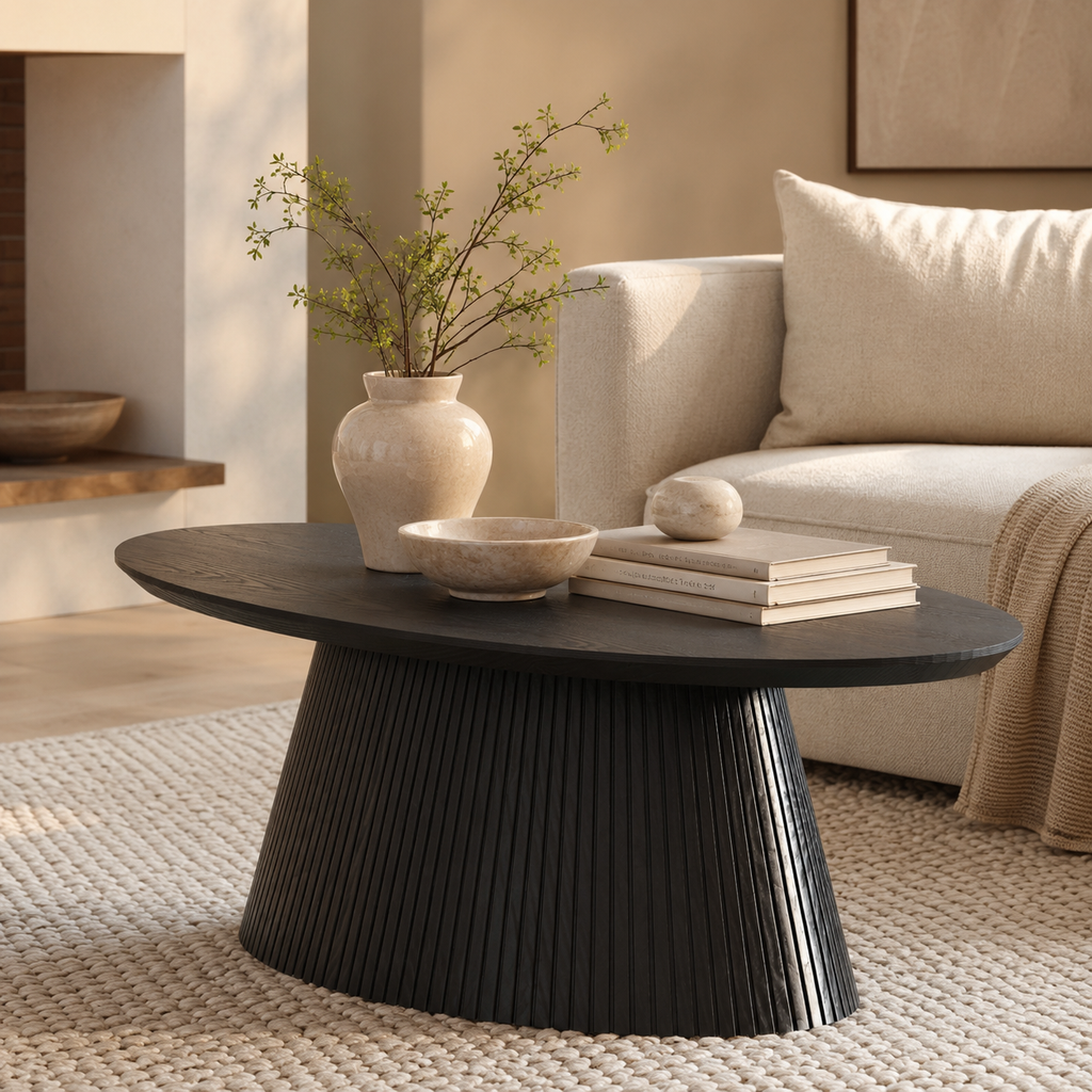 Wetalus 47.2" Mid Century Modern Oval Coffee Table with Faux Stone Veneer, Fluted Base,Black