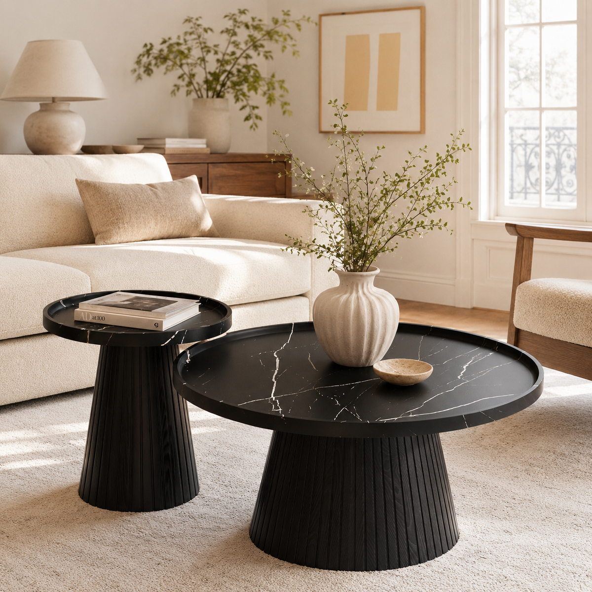 Wetalus Mid Century Modern Nesting Coffee Table Set of 2, Fluted Round,Black