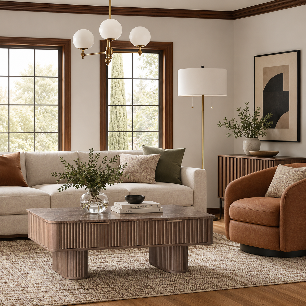 Wetalus Rectangle Coffee Table with Drawers, Faux Marble Top, Fluted Pedestal Base, Storage,Walnut