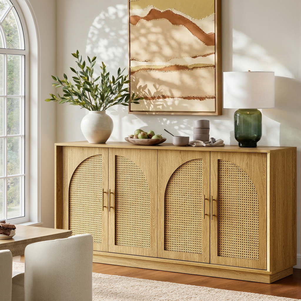 63" 4 Rattan Sideboard - Oak Natural for Dining Room & Living Room