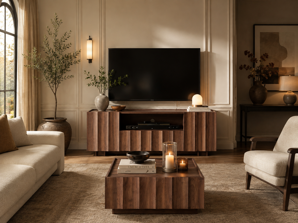 Wetalus 61" Mid Century Modern TV Stand, Adjustable Shelves, Wave Design, Walnut