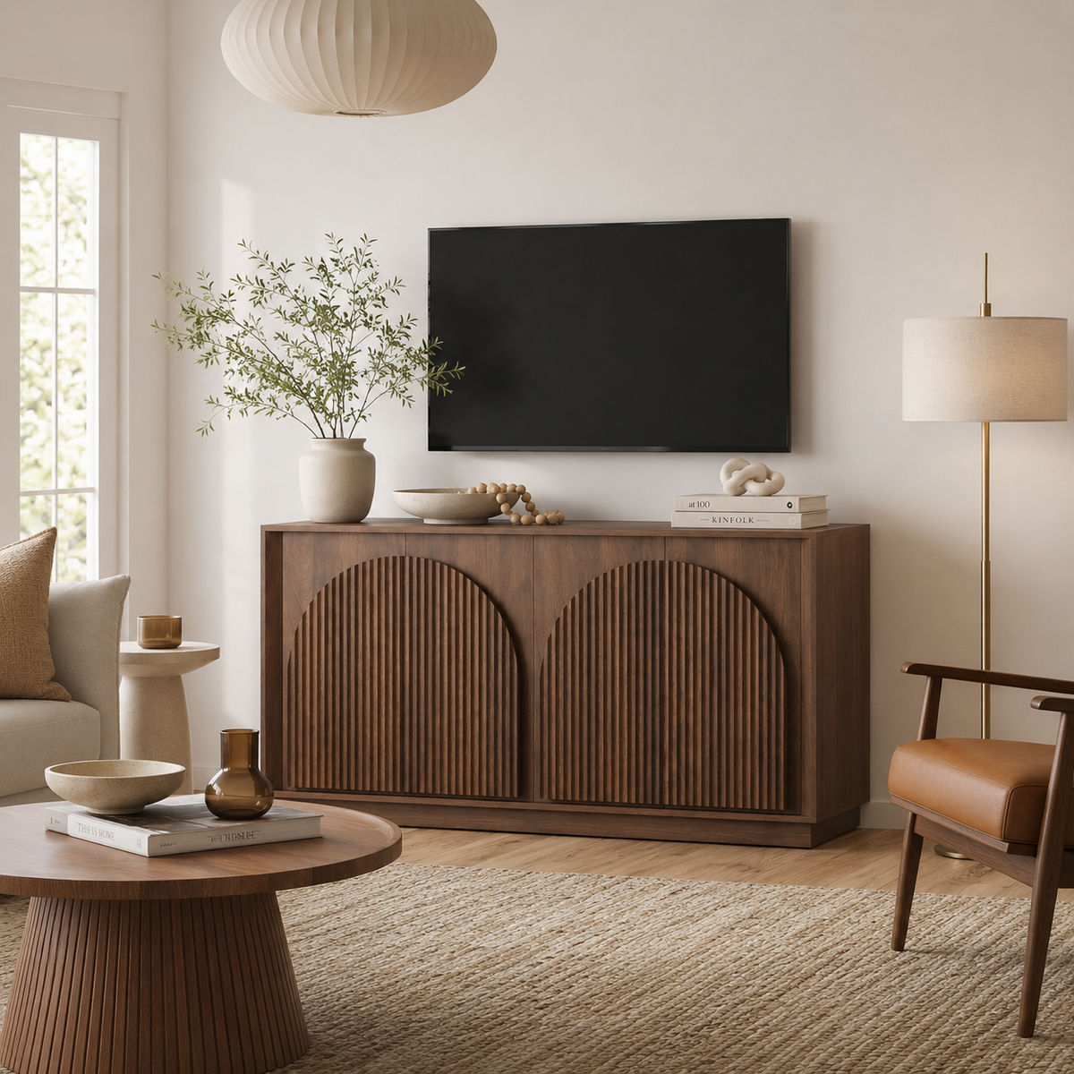 Wetalus 65.3" Mid-Century Modern Fluted Sideboard Buffet Cabinet with Storage,Walnut