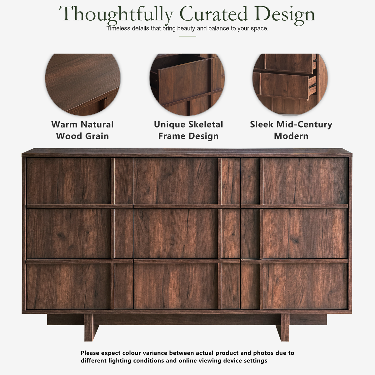 Wetalus 47" Mid Century Modern 6 Drawer Dresser, Skeleton Line, Walnut