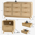 Oak Rattan Bedroom Furniture Set, 3-Piece Boho Set with 9-Drawer Dresser & Nightstands