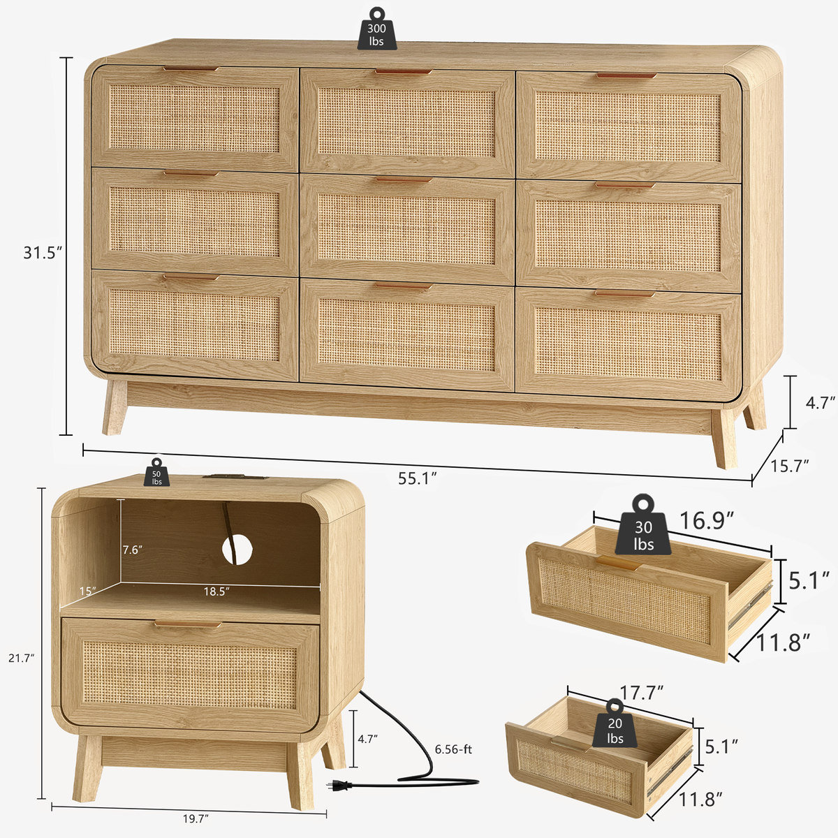 Oak Rattan Bedroom Furniture Set, 3-Piece Boho Set with 9-Drawer Dresser & Nightstands