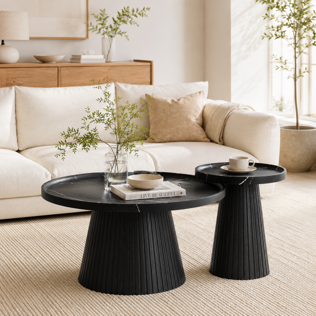 Wetalus Mid Century Modern Nesting Coffee Table Set of 2, Fluted Round,Black