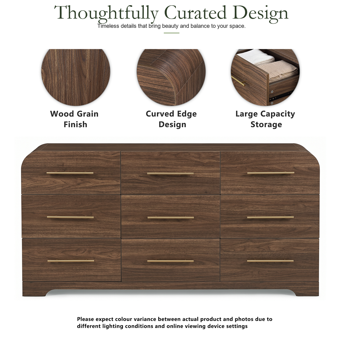 Wetalus 63" Mid Century Modern 9 Drawer Dresser, Curved side,Walnut
