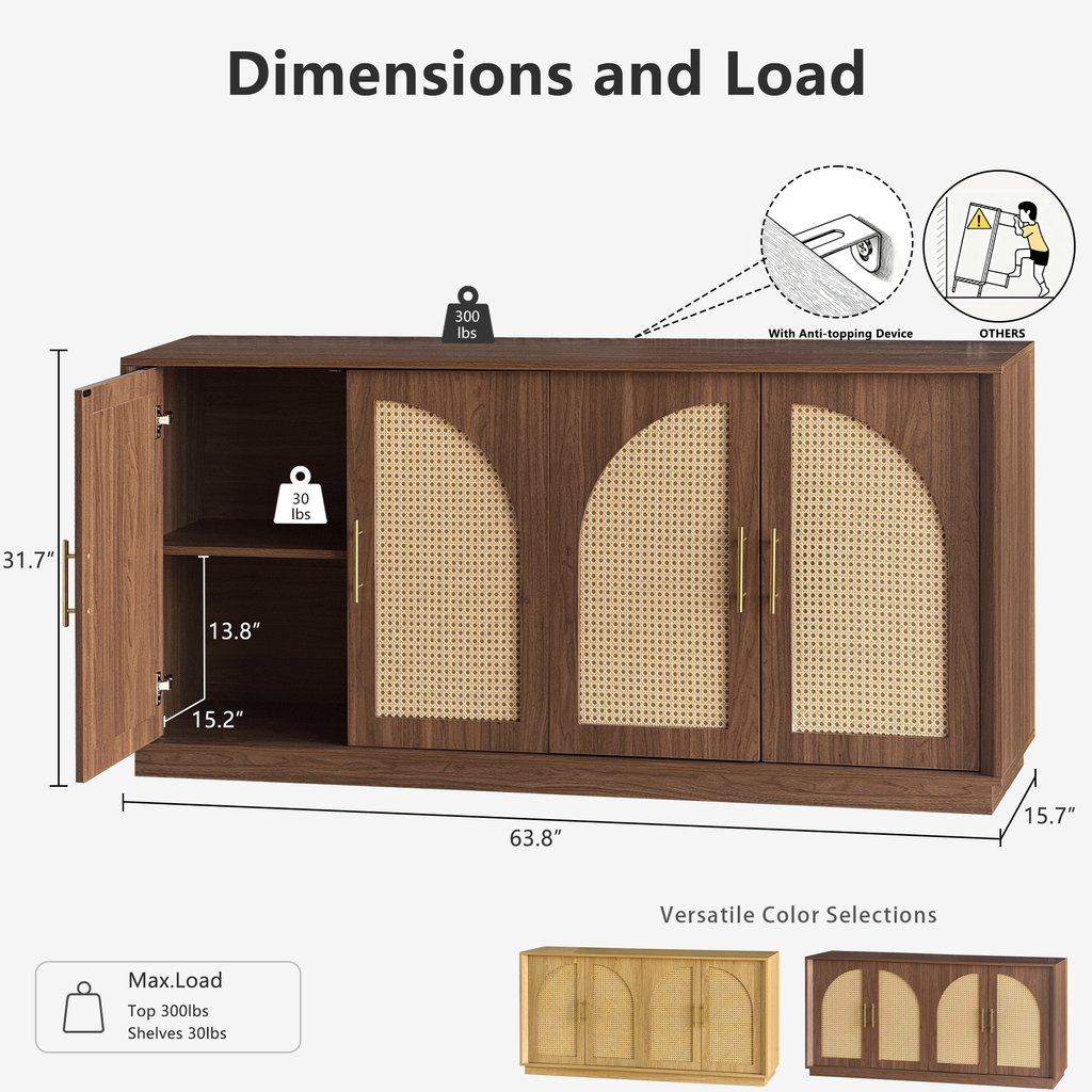 63" 4 Rattan Sideboard - Walnut Natural for Dining Room & Living Room