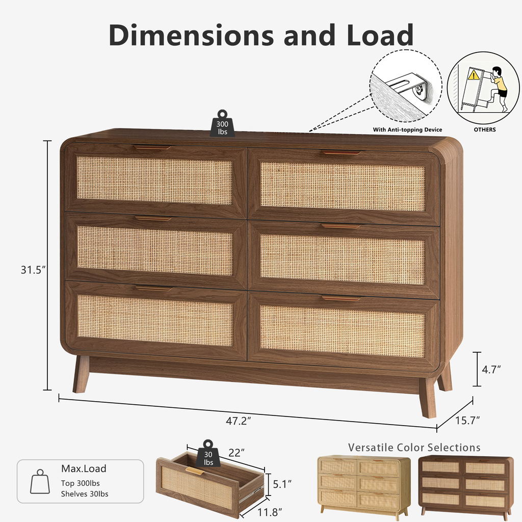 Walnut Rattan 6 Drawer dresser – Boho chic dresser