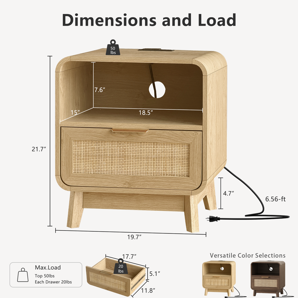 Oak  Rattan Nightstand – Boho Bedside Table with Drawer