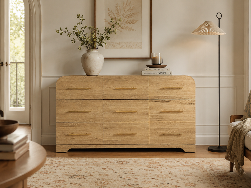 Wetalus 63" Mid Century Modern 9 Drawer Dresser, Curved side,Oak