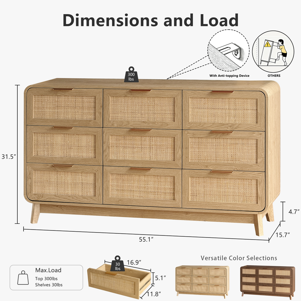 Oak Rattan 9 Drawer dresser – Boho chic dresser