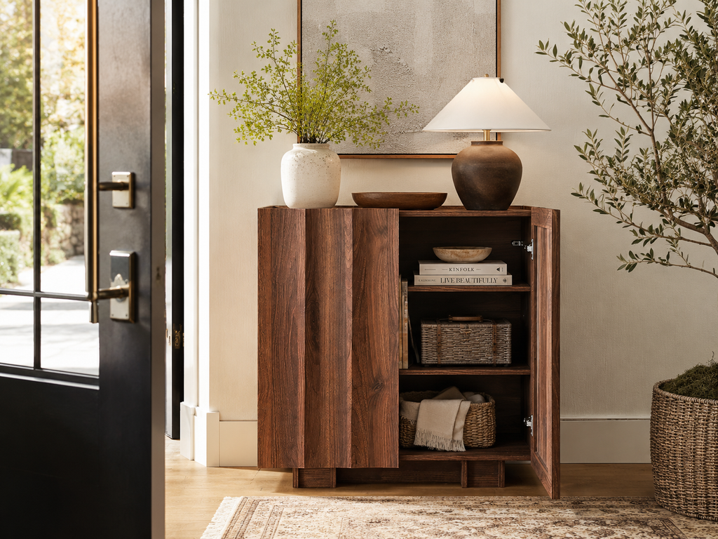 Wetalus 30.8"Mid Century Modern Sideboard Buffet Cabinet with Wave Design, Adjustable Shelves, Wood Grain Finish, Walnut