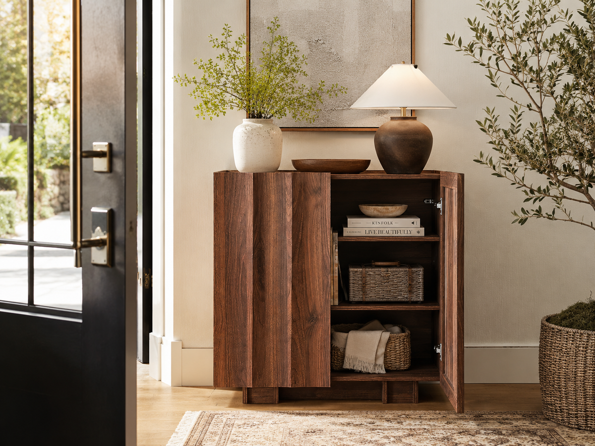 Wetalus 30.8"Mid Century Modern Sideboard Buffet Cabinet with Wave Design, Adjustable Shelves, Wood Grain Finish, Walnut