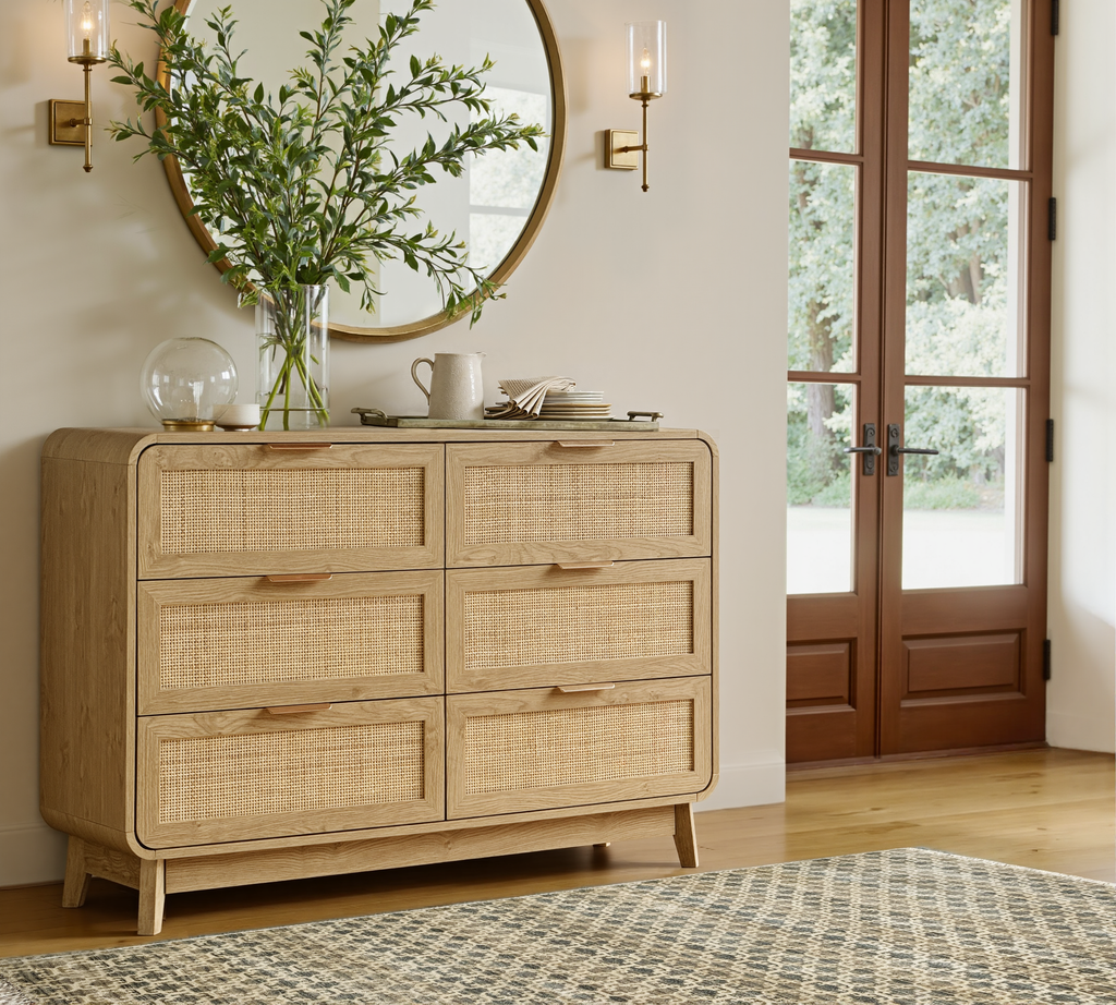 Oak Rattan 6 Drawer dresser –Boho chic dresser