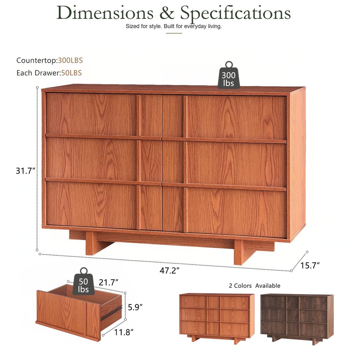 Wetalus 47" Mid Century Modern 6 Drawer Dresser, Skeleton Line,Cherry
