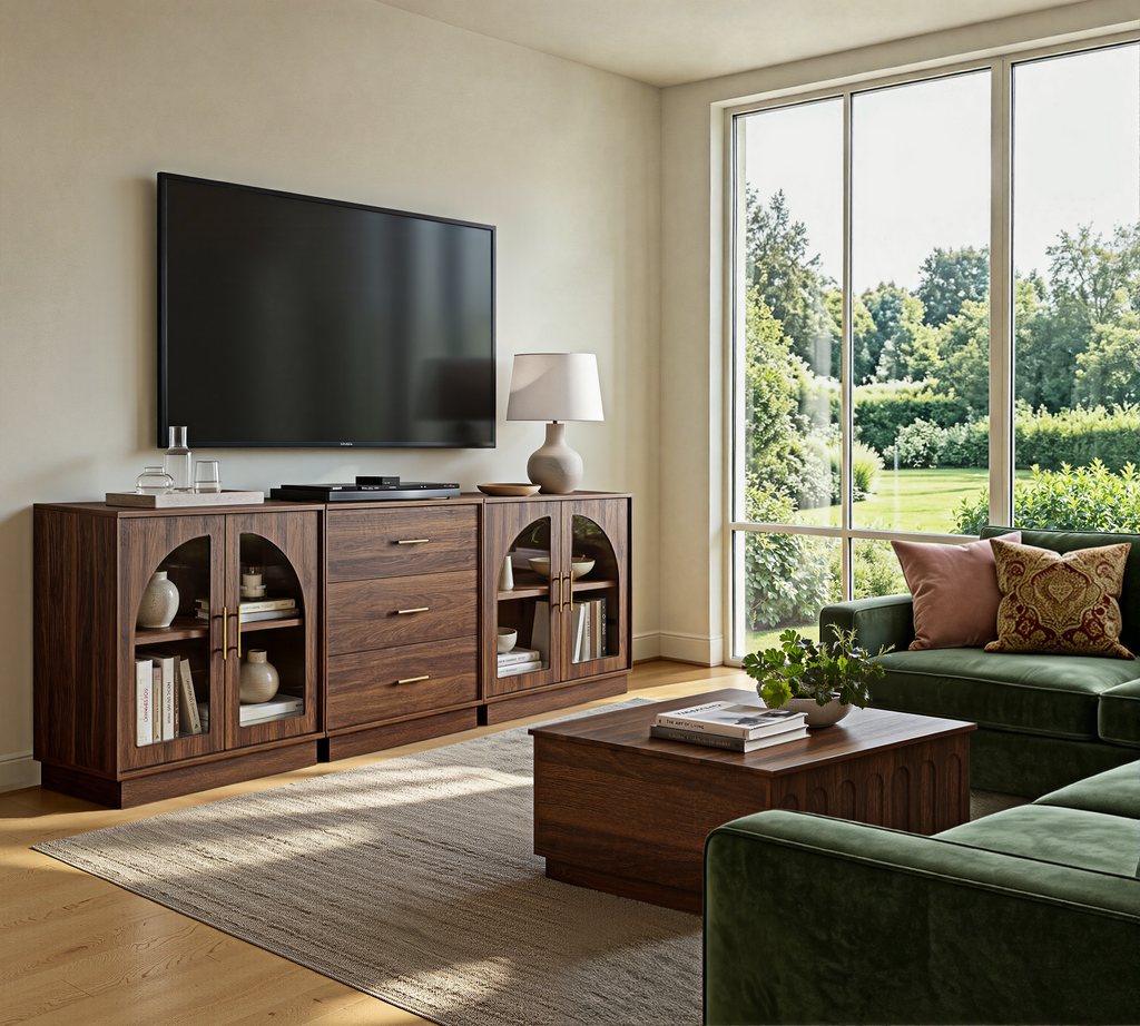 Wetalus 31.5" Sideboard Buffet Cabinet with Arched Glass Doors Set of 3,Walnut