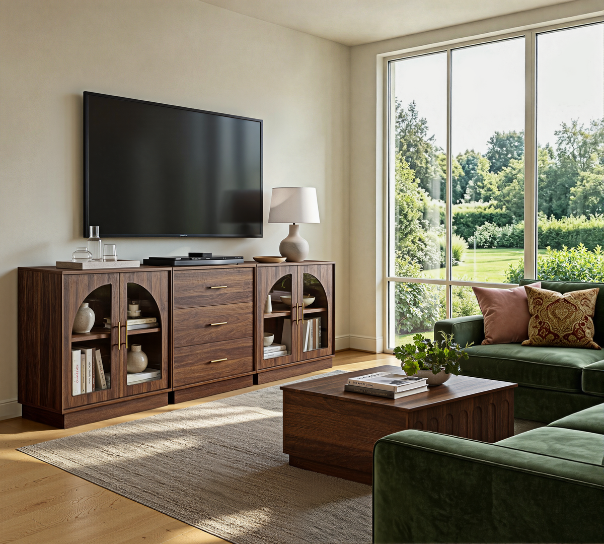 Wetalus 31.5" Sideboard Buffet Cabinet with Arched Glass Doors Set of 3,Walnut