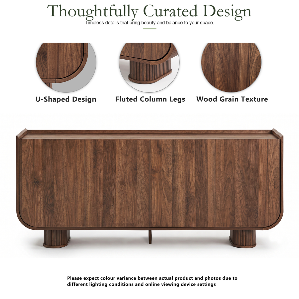 Wetalus 63.1" Mid Century Modern Sideboard Buffet Cabinet with U-Shape Design, Adjustable Shelves, Wood Grain Finish, Walnut