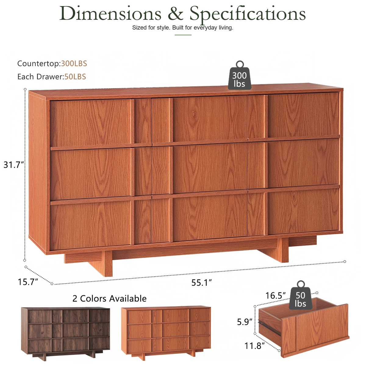 Wetalus 55.1" Mid Century Modern 9 Drawer Dresser, Skeleton Line,Cherry