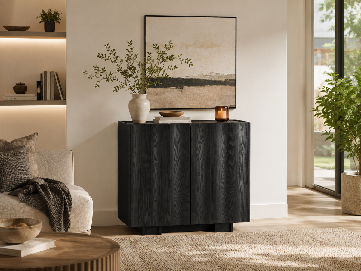 Wetalus 30.8"Mid Century Modern Sideboard Buffet Cabinet with Wave Design, Adjustable Shelves, Wood Grain Finish, Black