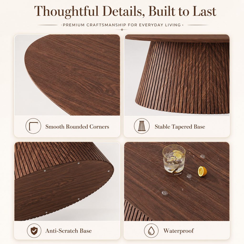Wetalus 47.2" Mid Century Modern Oval Coffee Table with Faux Stone Veneer, Fluted Base,Walnut