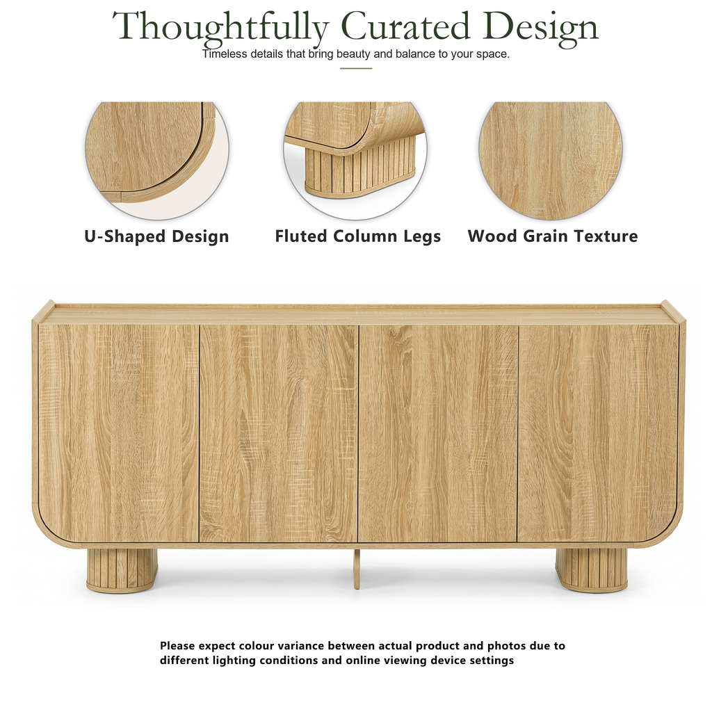 Wetalus Sideboard Buffet Cabinet Mid Century Modern U-Shape Design Adjustable Shelves Wood Grain Finish OAK 4 Doors 63.1 Inch