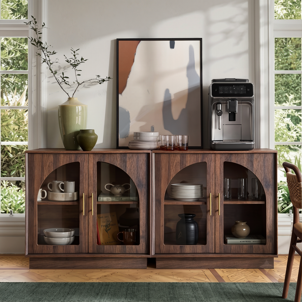 Wetalus 31.5" Sideboard Buffet Cabinet with Arched Glass Doors, Adjustable Divider, Walnut