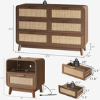 Oak Rattan Bedroom Furniture Set, 3-Piece Boho Set with 6-Drawer Dresser &amp; Nightstands