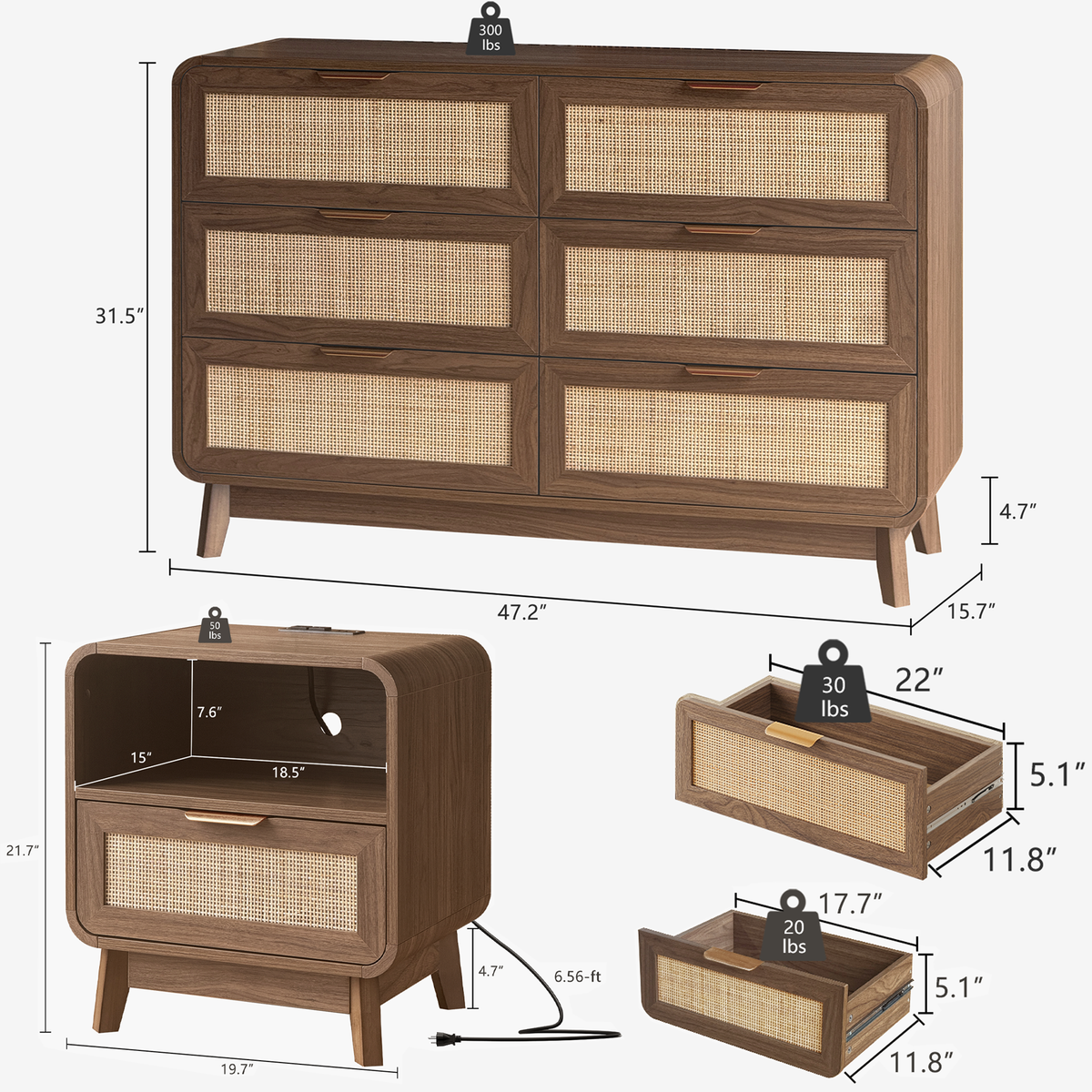 Oak Rattan Bedroom Furniture Set, 3-Piece Boho Set with 6-Drawer Dresser &amp; Nightstands