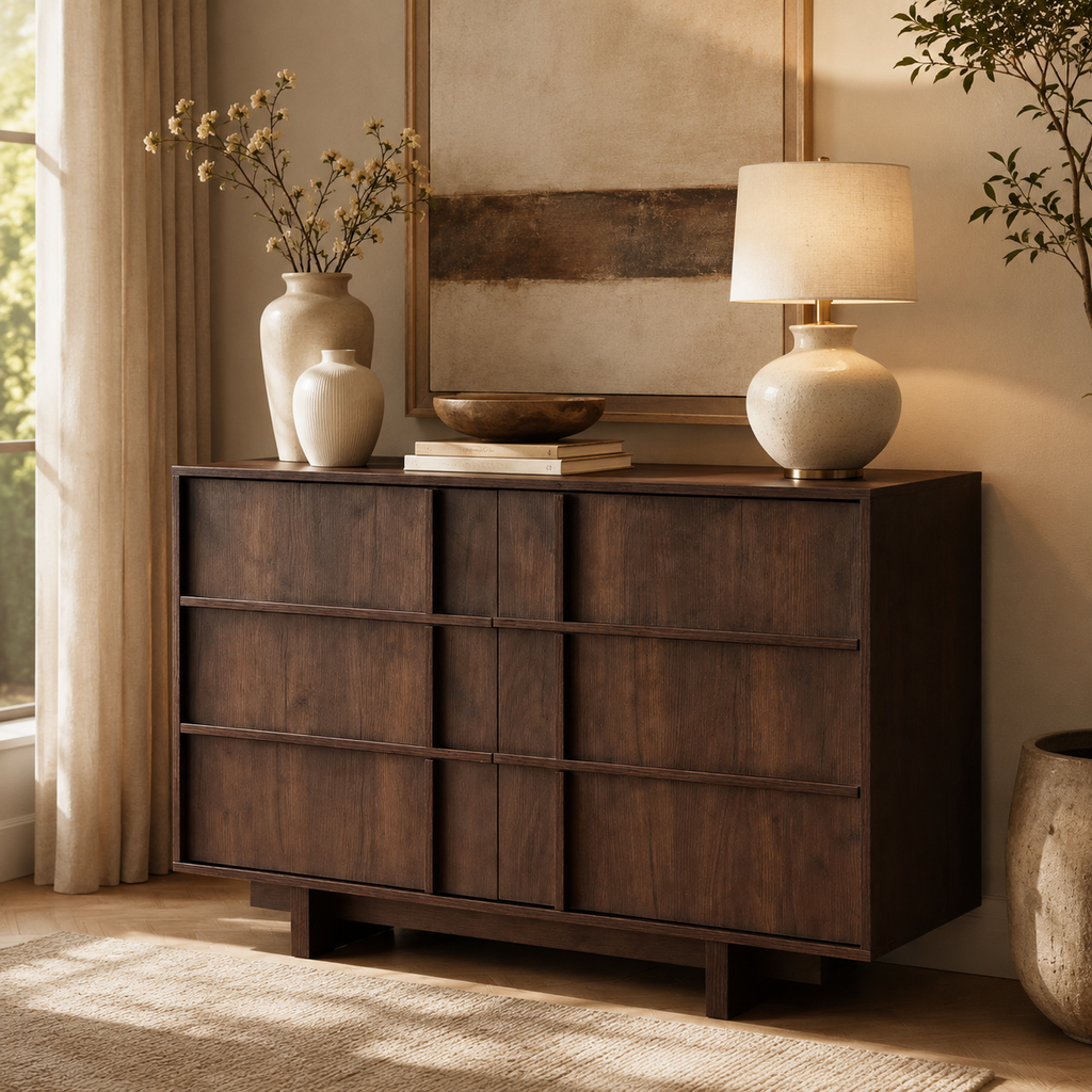 Wetalus 47" Mid Century Modern 6 Drawer Dresser, Skeleton Line, Walnut