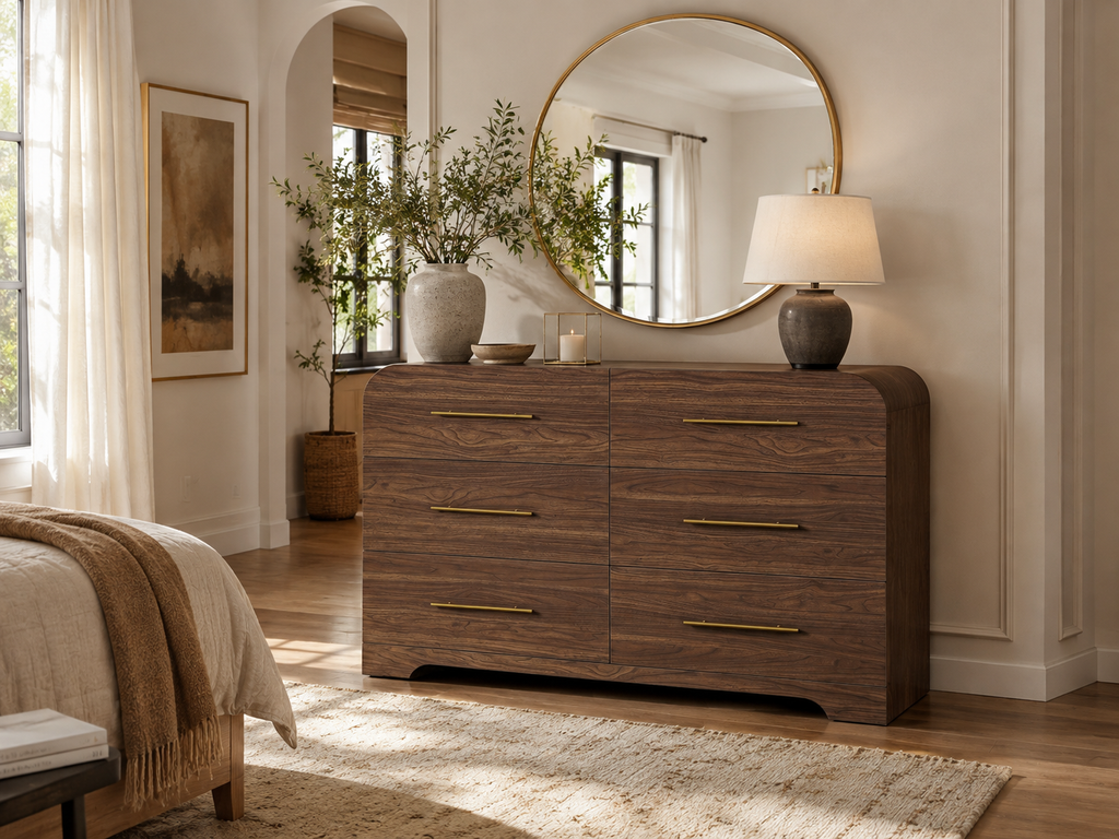 Wetalus 47.2" Mid Century Modern 6 Drawer Dresser, Curved side,Walnut