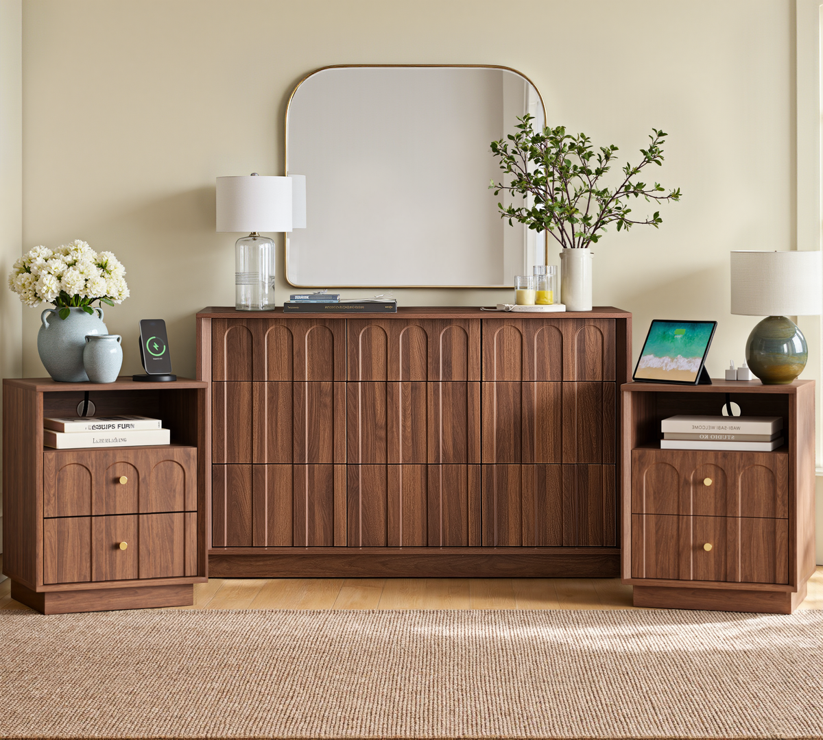 Wetalus 9-Drawer Mid-Century Modern Dresser Nightstand Set for Bedroom, 55", Walnut