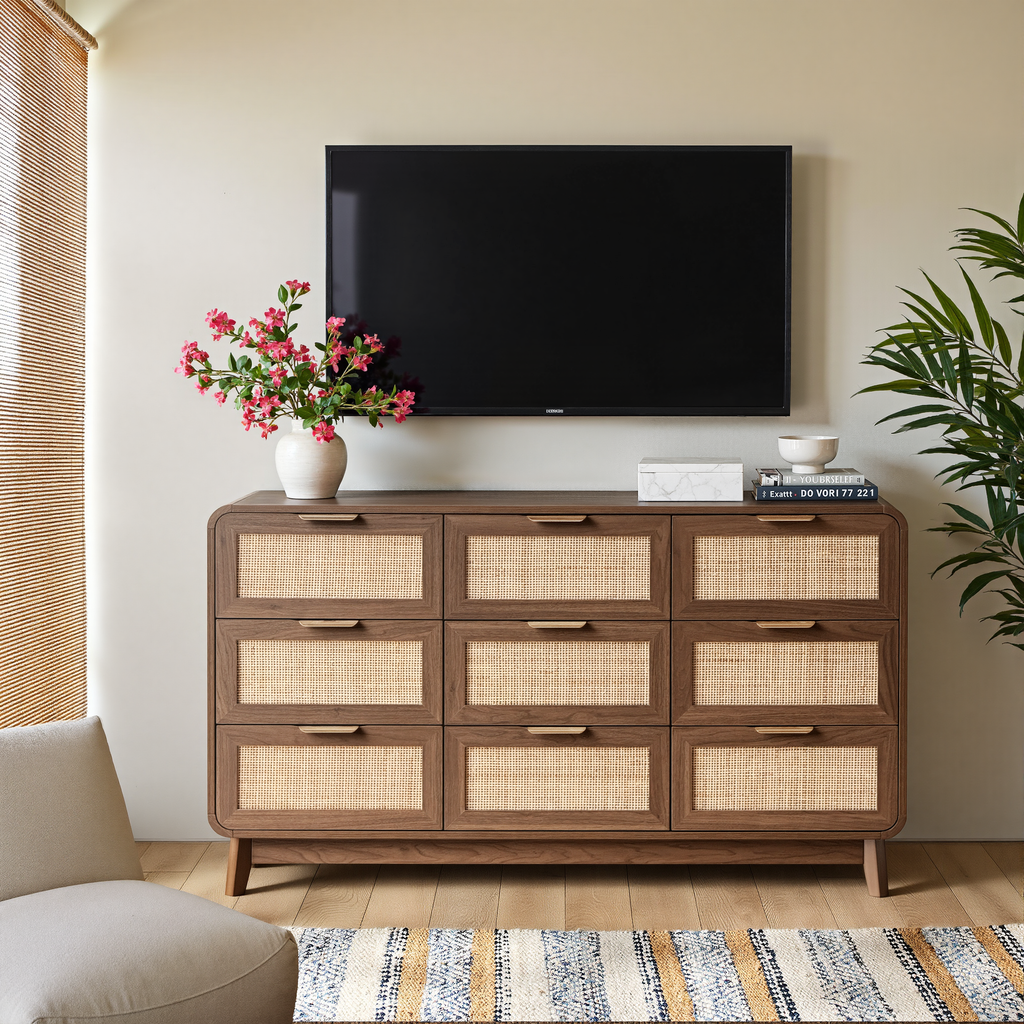 Walnut Rattan 9 Drawer dresser – Boho chic dresser