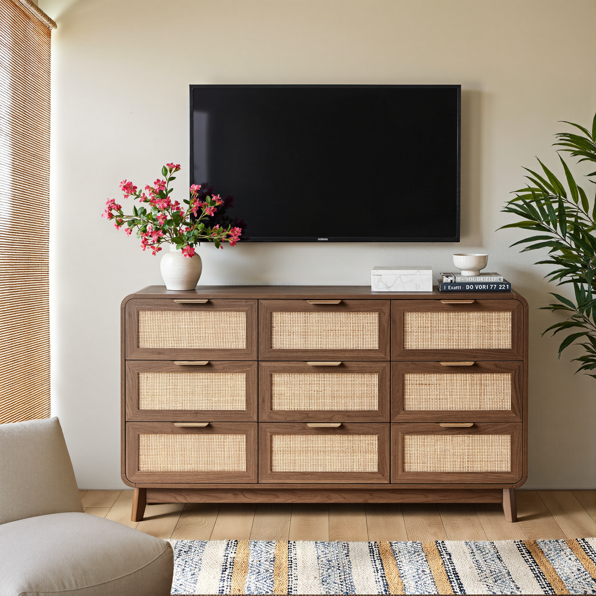 Walnut Rattan 9 Drawer dresser – Boho chic dresser