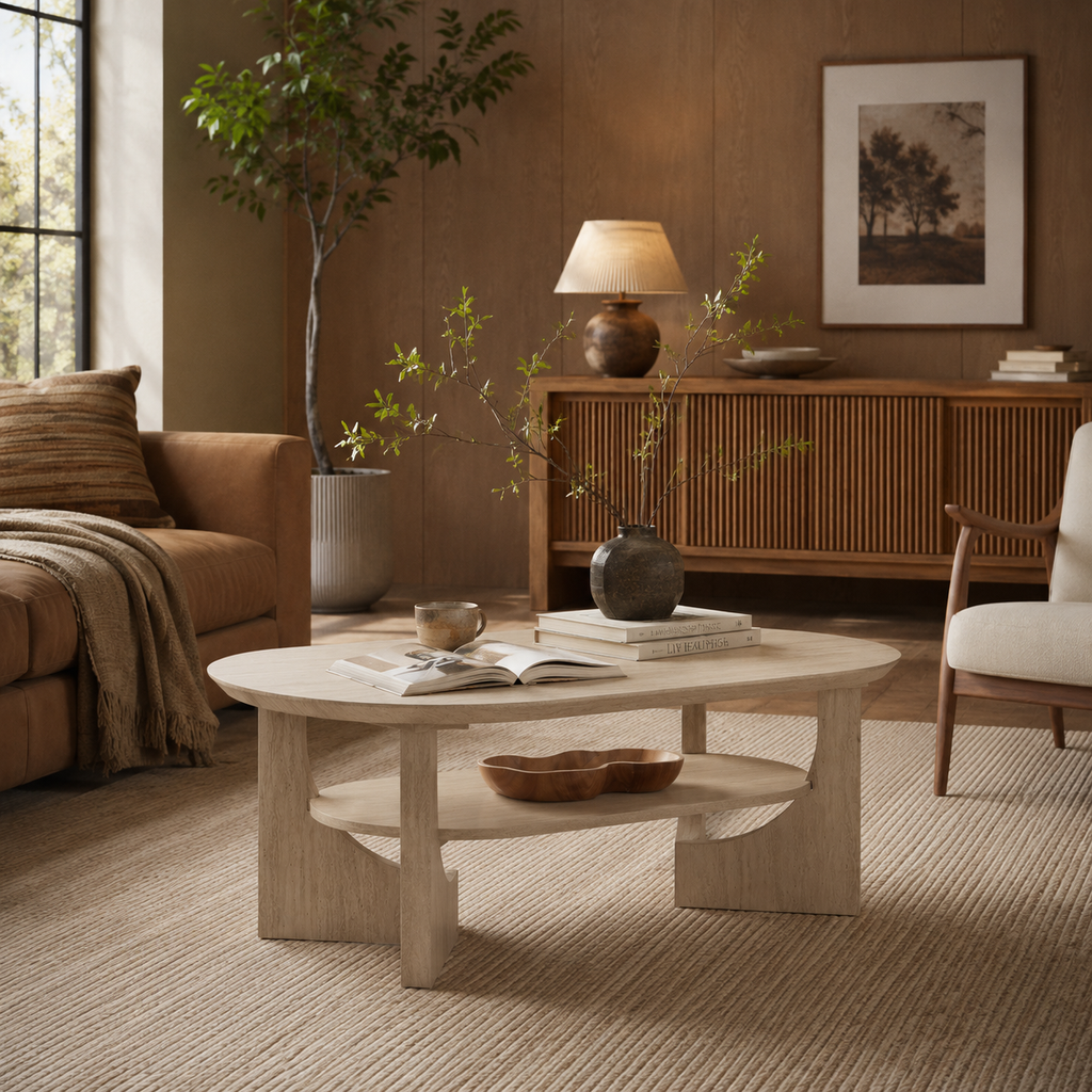 Wetalus 47" Mid Century Coffee Table Oval 2-Tier,Stone