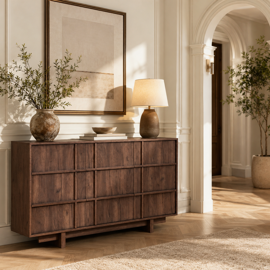 Wetalus 55.1" Mid Century Modern 9 Drawer Dresser, Skeleton Line,Walnut