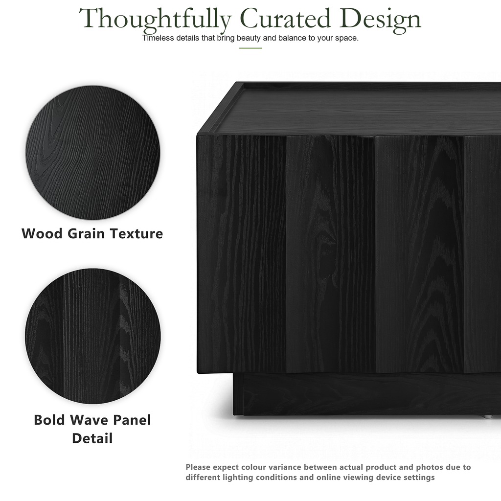 Wetalus Mid Century Modern Square Coffee Table with Storage, Wave Design,Black