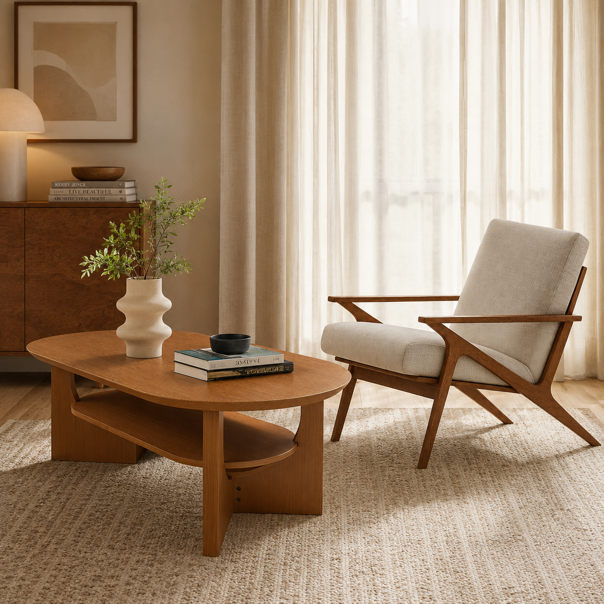 Wetalus 47" Mid Century Coffee Table Oval 2-Tier,Cherry