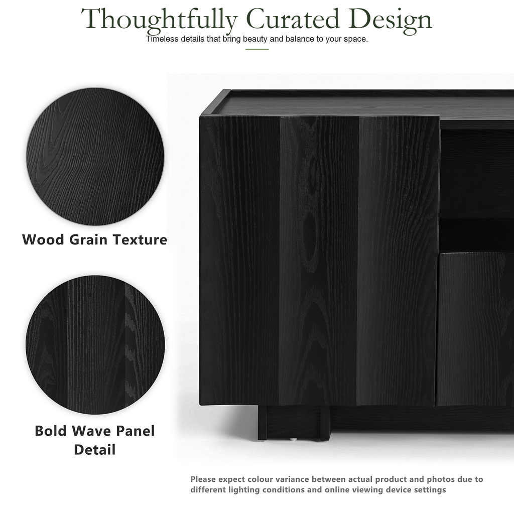 Wetalus 61" Mid Century Modern TV Stand, Adjustable Shelves, Wave Design, Black