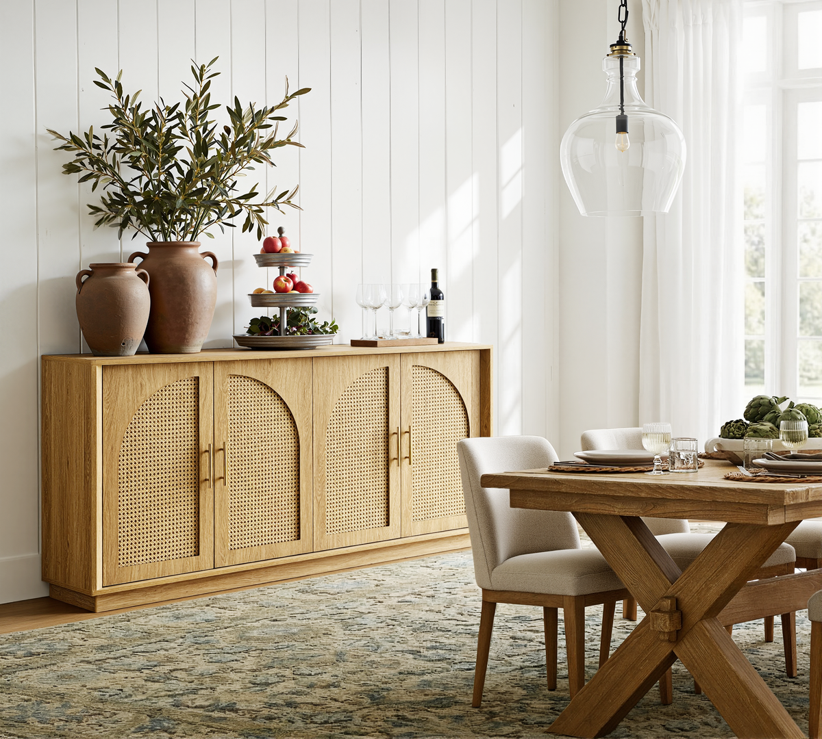 63" 4 Rattan Sideboard - Oak Natural for Dining Room & Living Room